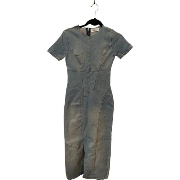 Zara Womens Denim Midi Jean Dress Size S Blue Short Sleeve Slit 7227/082 NWOT - Picture 4 of 9